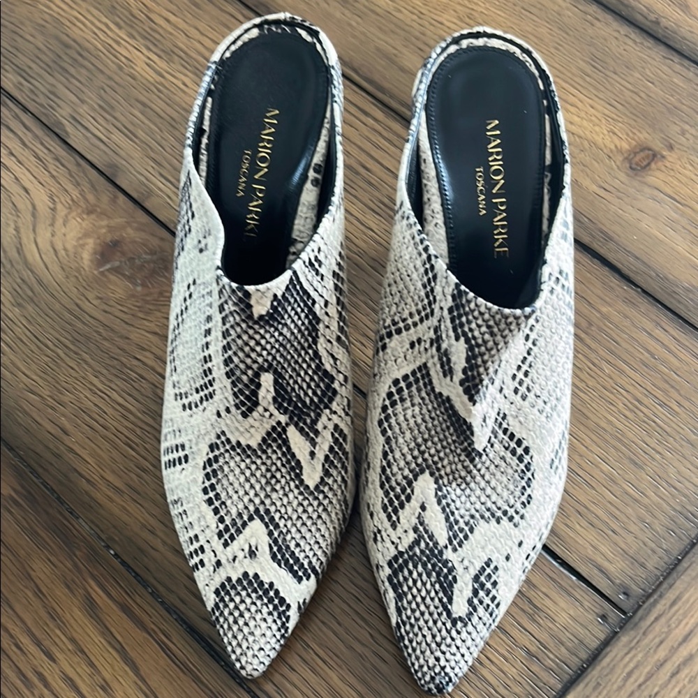 Black and White Python Print Mules with Pointed Toe